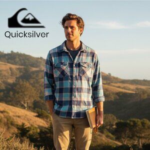 Quiksilver XL Plaid Flannel Shirt Blue Teal Peach Regular Fit Button Down